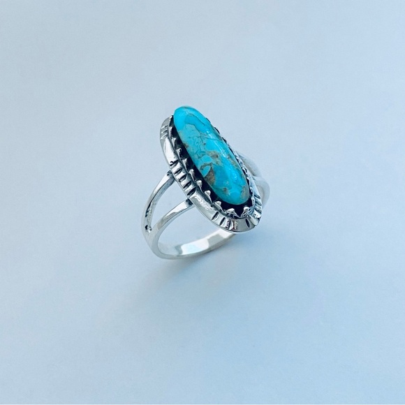 Sterling Silver Oval Genuine Turquoise Ring with Shank, Boho Ring, Silver Rings - Picture 4 of 13